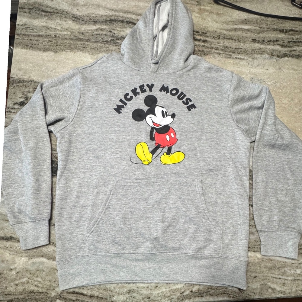 Disney Mickey Mouse Hoodie Mens L Graphic Heather Gray Cotton Blend Fleece Y2K